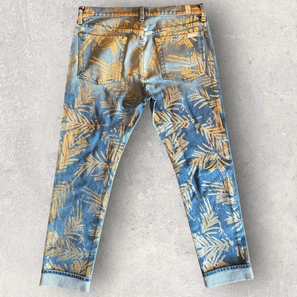 7 For All Mankind Cropped Relaxed Skinny Jeans Gold Leaf Print (Sample) NWT - Picture 3 of 11